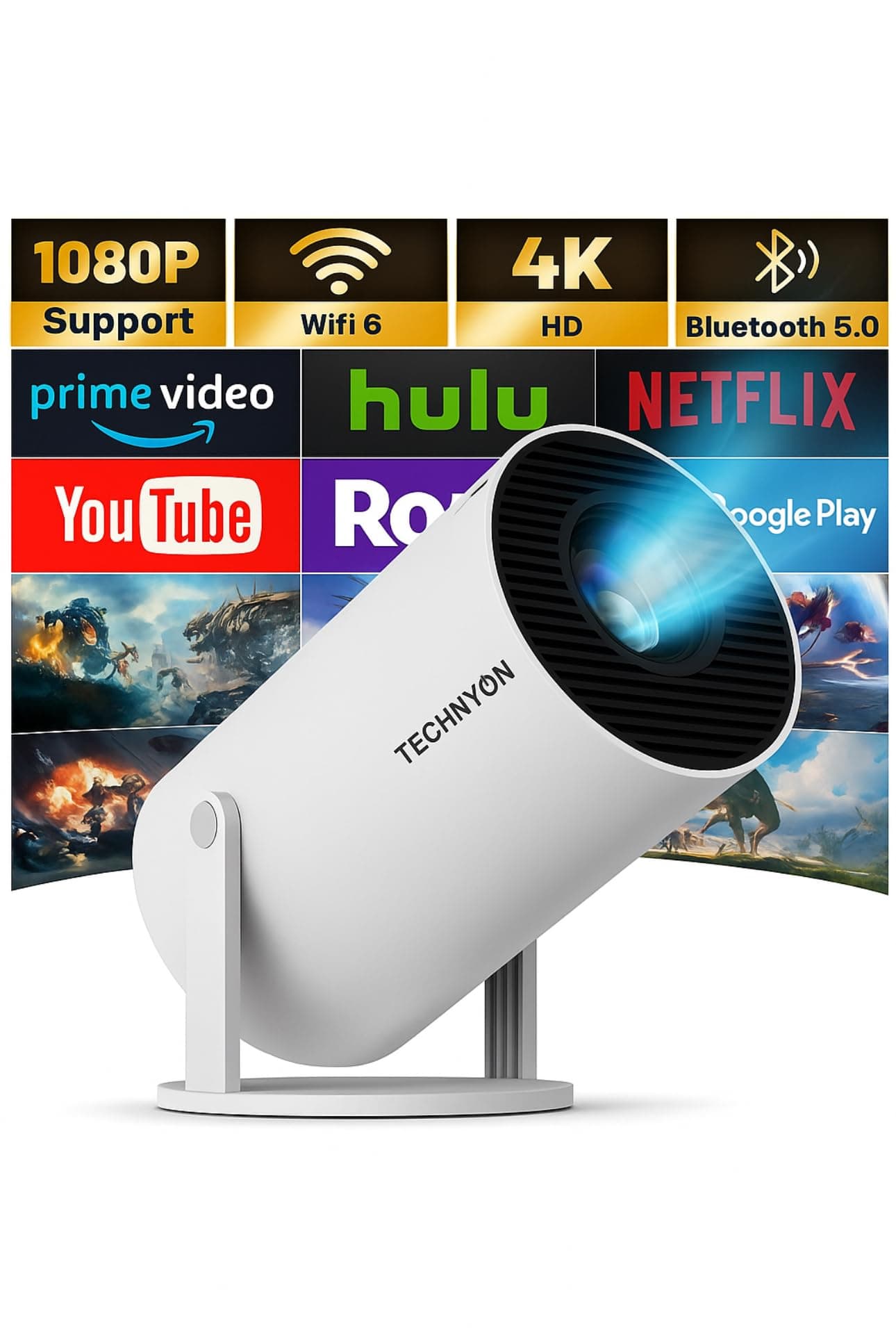 [2025 Upgraded & Android 11.0] Technyon Projector Ultra-FHD 1080P for Home Cinema, Outdoor & Gaming - 12000 Lumens Portable Projector with WiFi & Screen Mirroring - Compatible with iOS, Android, HDMI