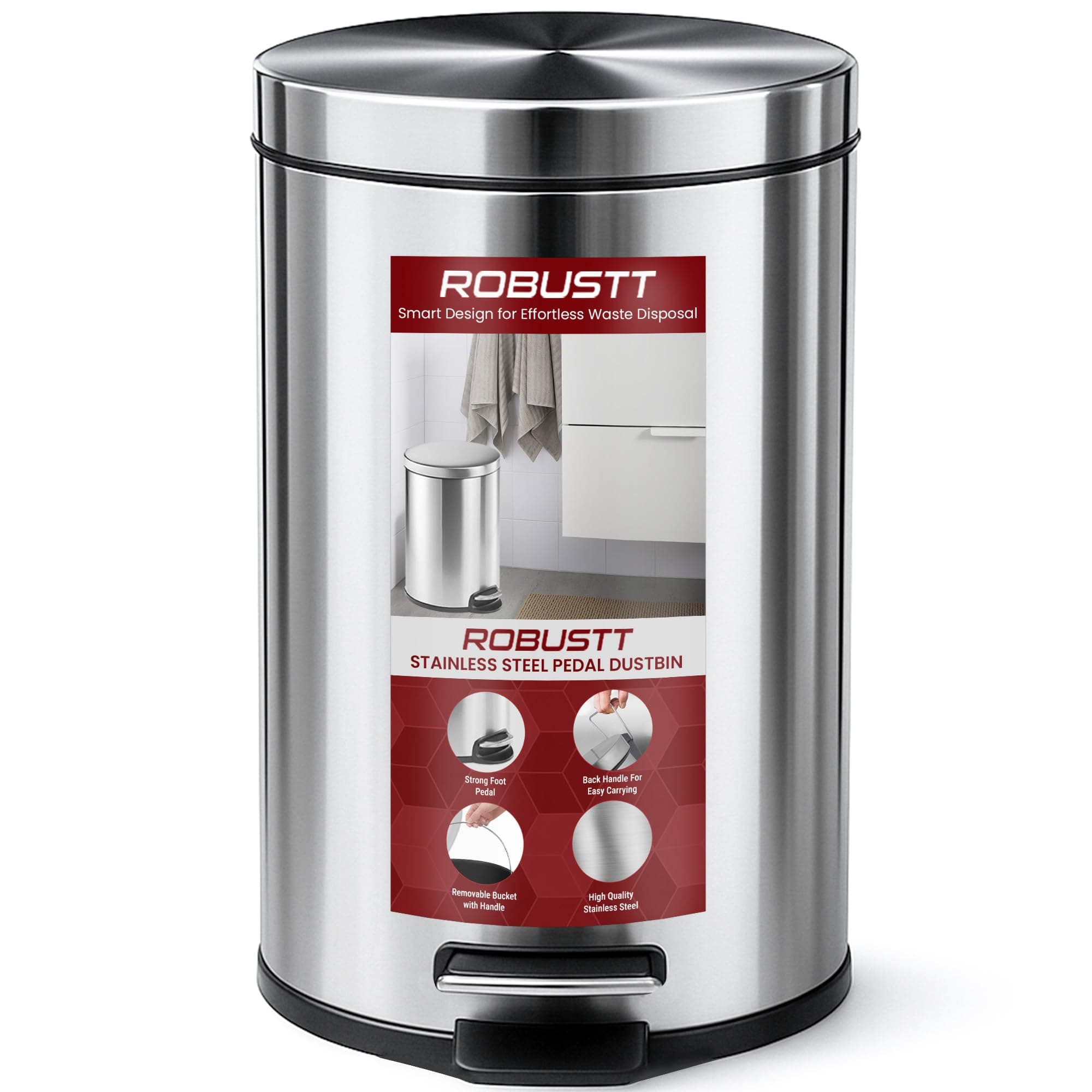 Robustt Dustbin with Pedal - 15L | Silver Stainless Steel trash can | 10 Inch (W) x 15 Inch (H) | Small Trash Can for Bathroom, Bedroom, Toilet, and Kitchen – Durable & Corrosion-Resistant - Pack of 1