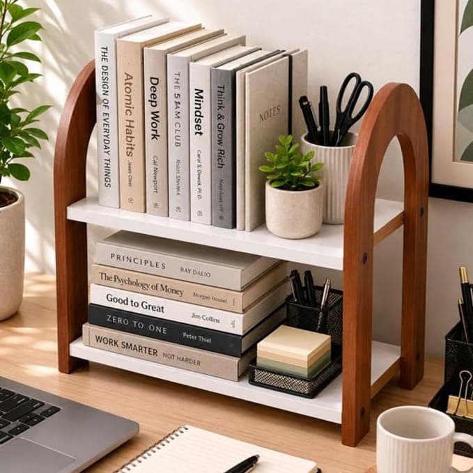 EVETO 2-Tier Wooden Bookshelf Organizer for Desk, Tabletop Book Rack with Storage Shelves, Desktop Bookcase for Books, Study Room, Home & Office Organizer, Rustic Red-White (12 x 10 Inch)