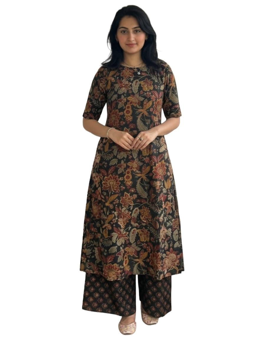 ANNI Designer Women's Viscose Blend Printed Straight Kurta with Palazzo for Women (Vibhor Black_XS_Black_X-Small)