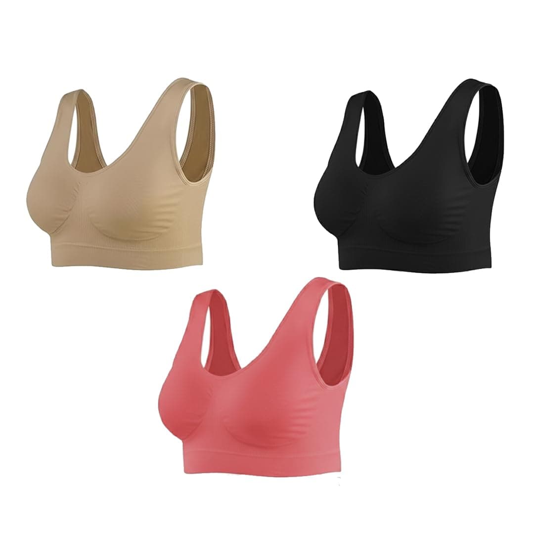 AAKI Fashion Women Non-Padded Non-Wired Air Sports Bra | Breathable Stretch Fabric | Free Size Up to 36 Inches | Pack of 3 (Black, Pink & Beige) (Black-Pink-Beige)