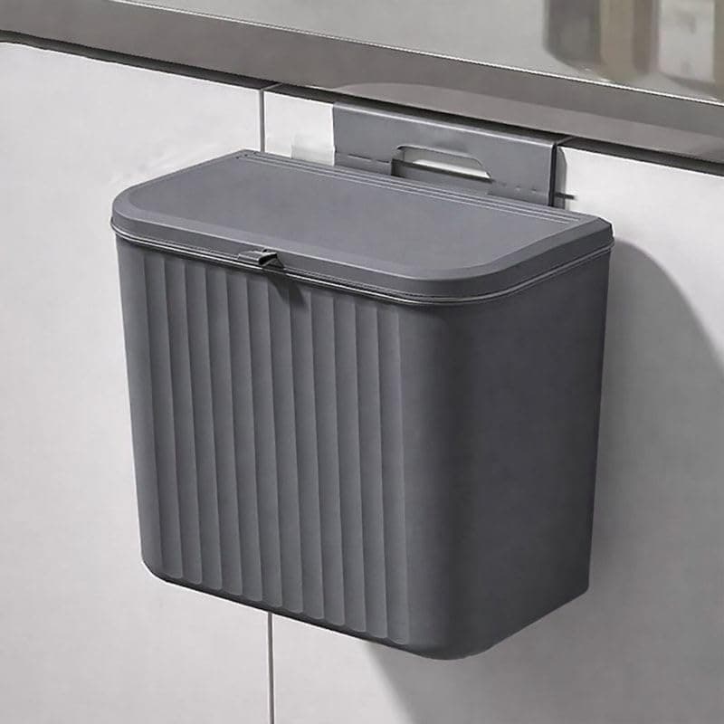 Xmart India Plastic Hanging Kitchen Trash Can with Lid– Cabinet Door Hanging Garbage Bin, Double-Sided Open Flip Lid, Wall Mounted Kitchen Waste Bin, Under Sink Storage Trash Bucket(7L,Gray)