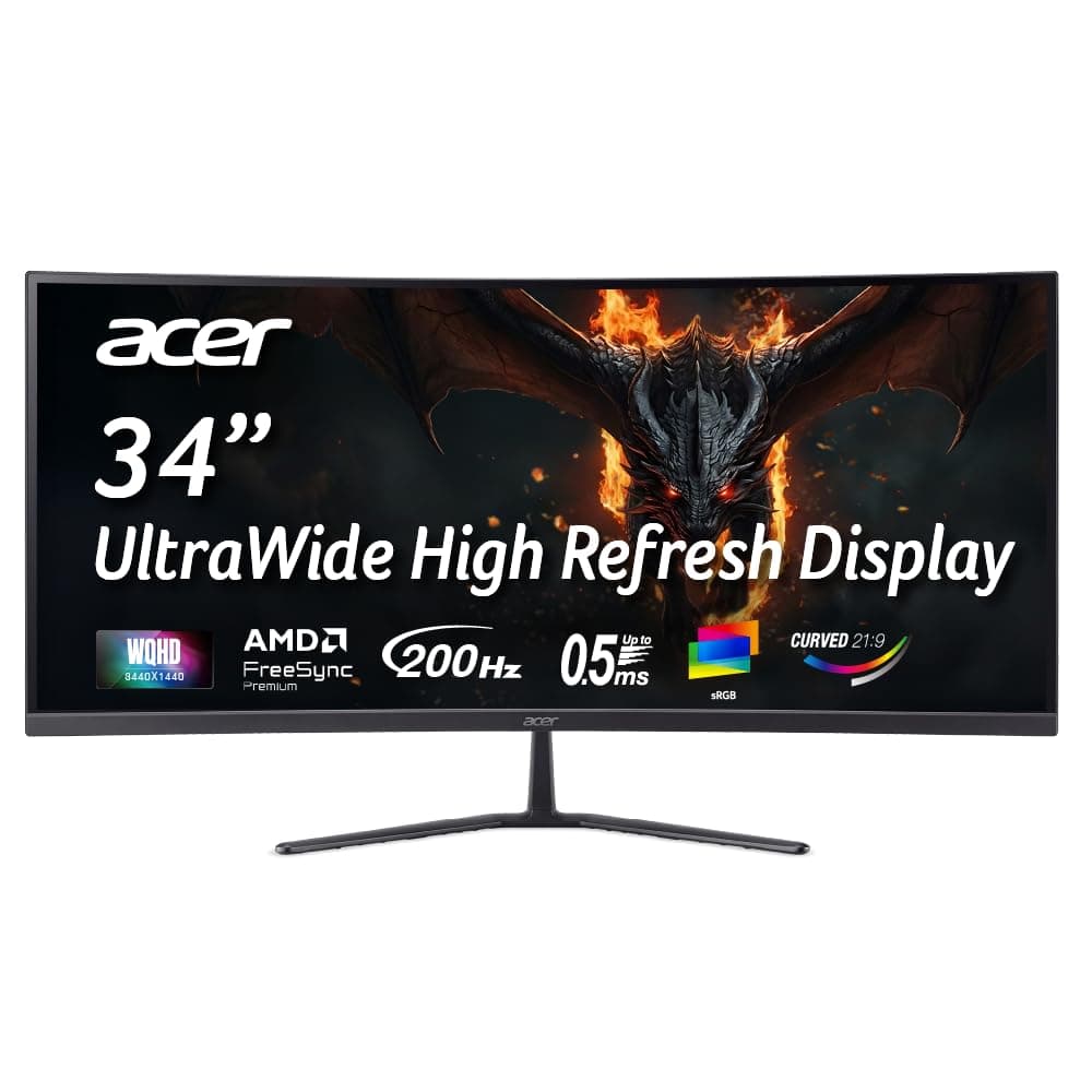 Acer Nitro ED340CUR X0 34 Inch UWQHD Curved Gaming Monitor | 3440x1440 VA Panel | 200Hz (DP) | 1ms VRB | AMD FreeSync Premium | HDR10 | 1500R | 2x HDMI 2.1 + DP 1.4 | Easy Tilt | Speakers | VisionCare