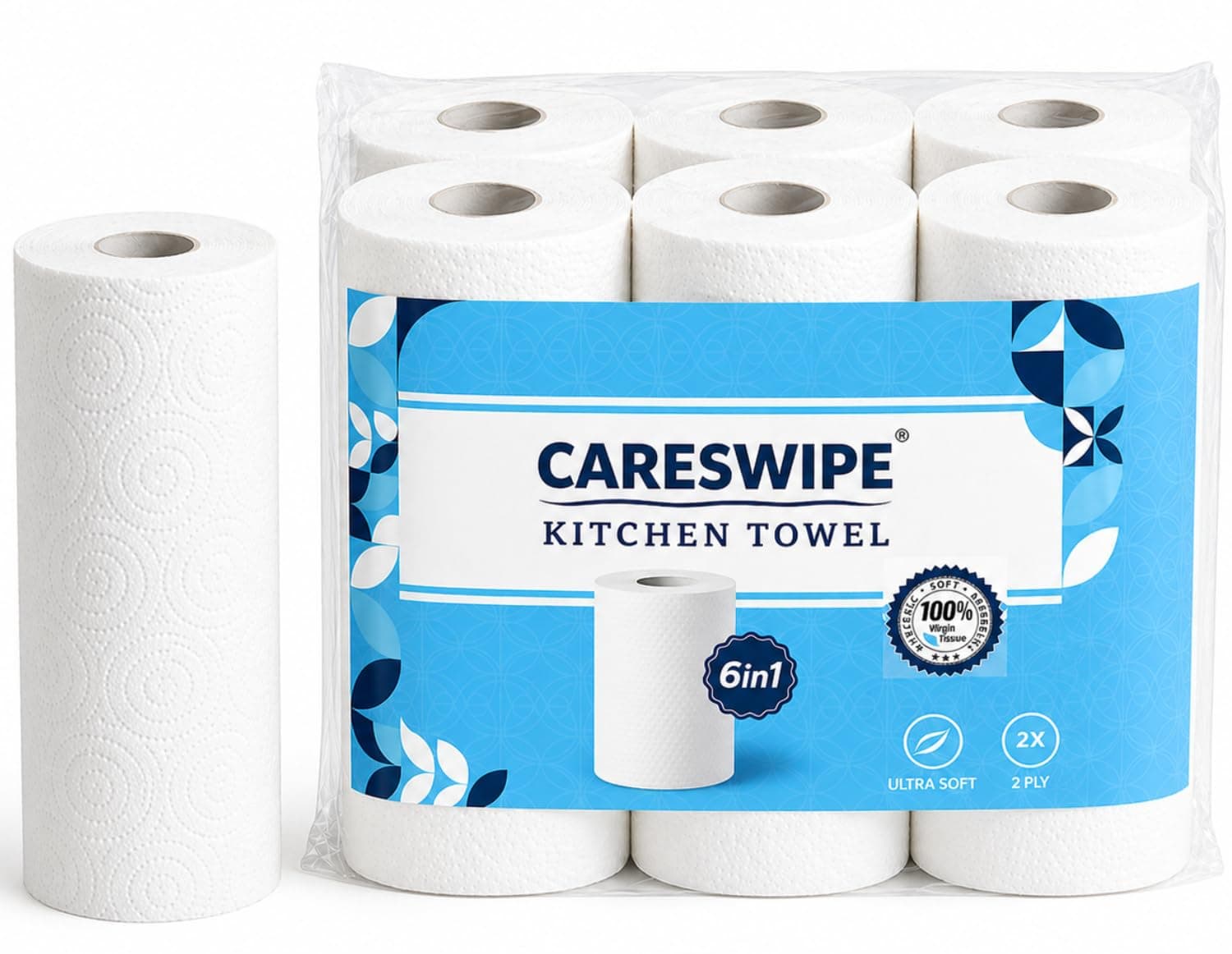 Careswipe Kitchen Tissue Paper Roll – 2 Ply Tissue Paper Roll, 360 Pulls, 6 Rolls x 60 Sheets, Soft & Absorbent Virgin Cellulose Towels for Kitchen Cleaning