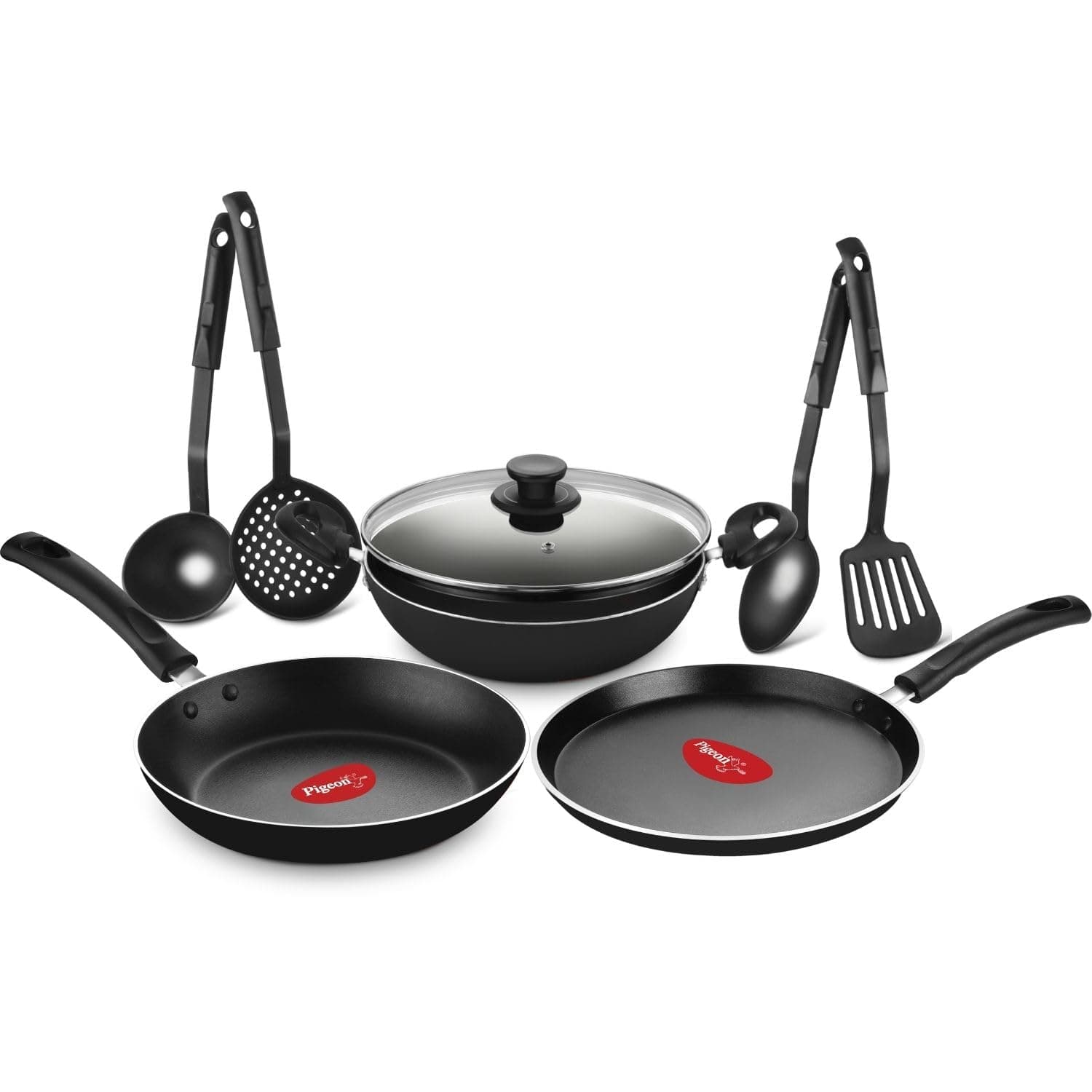 Pigeon Mio Nonstick Aluminum Cookware Gift Set, Includes Flat Tawa, Fry Pan, Kadai with Glass Lid, Kitchen Tool Set, Black, 8 Pieces Online at Low Prices in India