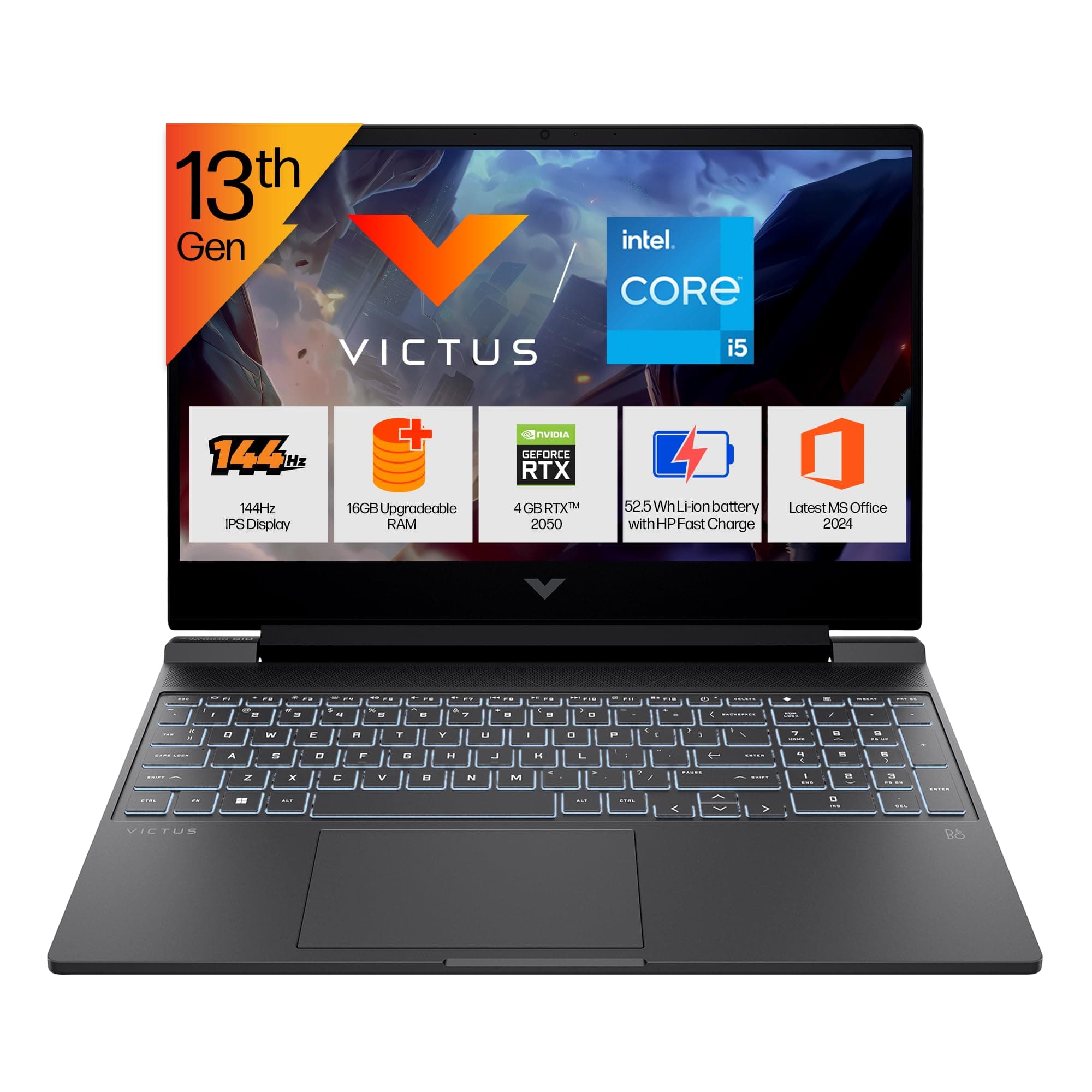 HP Victus, 13th Gen Intel Core i5-13420H, 4GB RTX 2050, 16GB DDR4 (Upgradeable) 512GB SSD, 144Hz, IPS, 300 nits, FHD, 15.6''/39.6cm, Win11, M365* Office24, Mica Silver, 2.3kg, fa2703tx Gaming Laptop