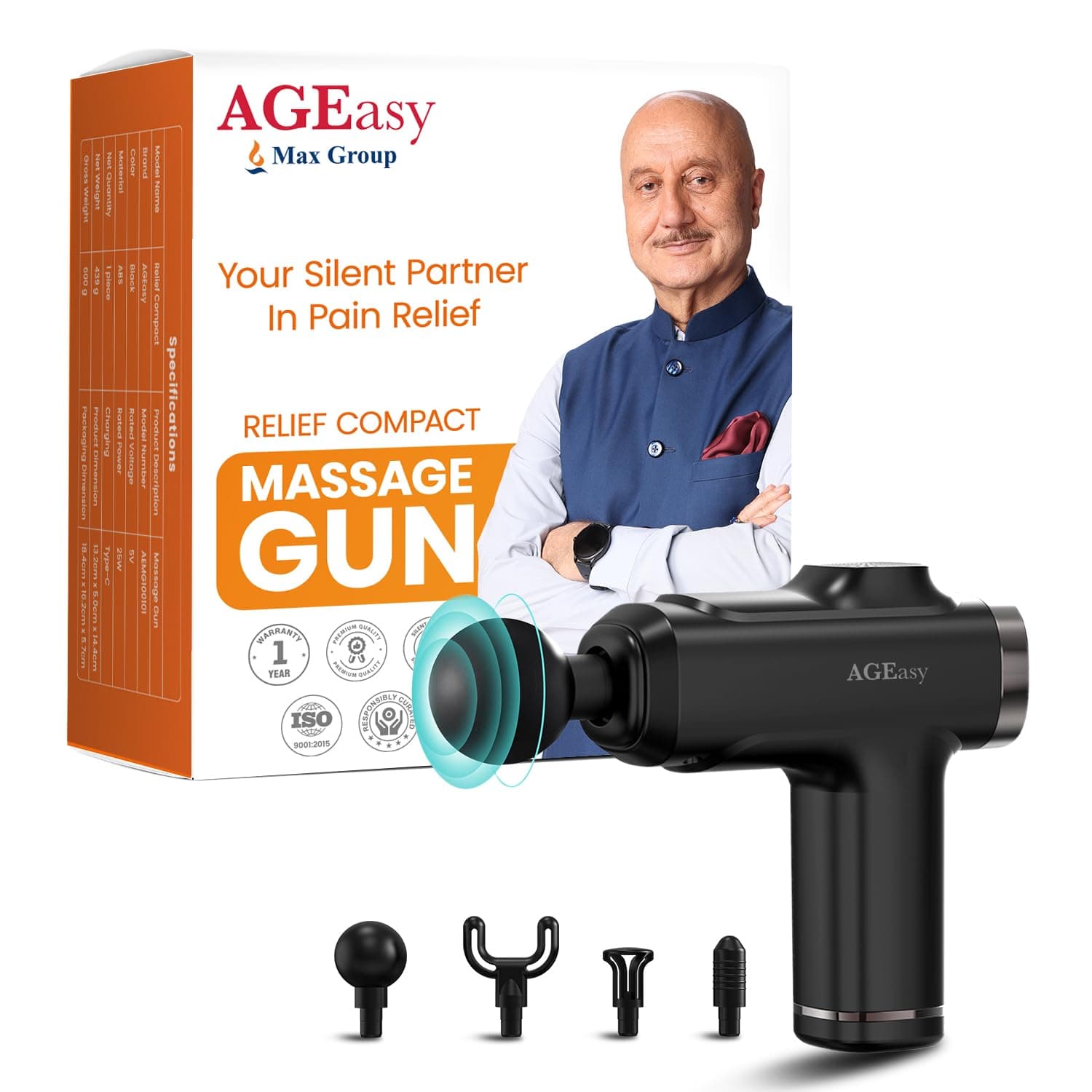 AGEasy (Max Group) Relief Compact Massage Gun | 6 Speed Levels, 2 Massage Heads | USB Type-C Rechargeable Handheld Massager | Full Body Pain Relief Muscle Massage Machine for Men & Women (Black)