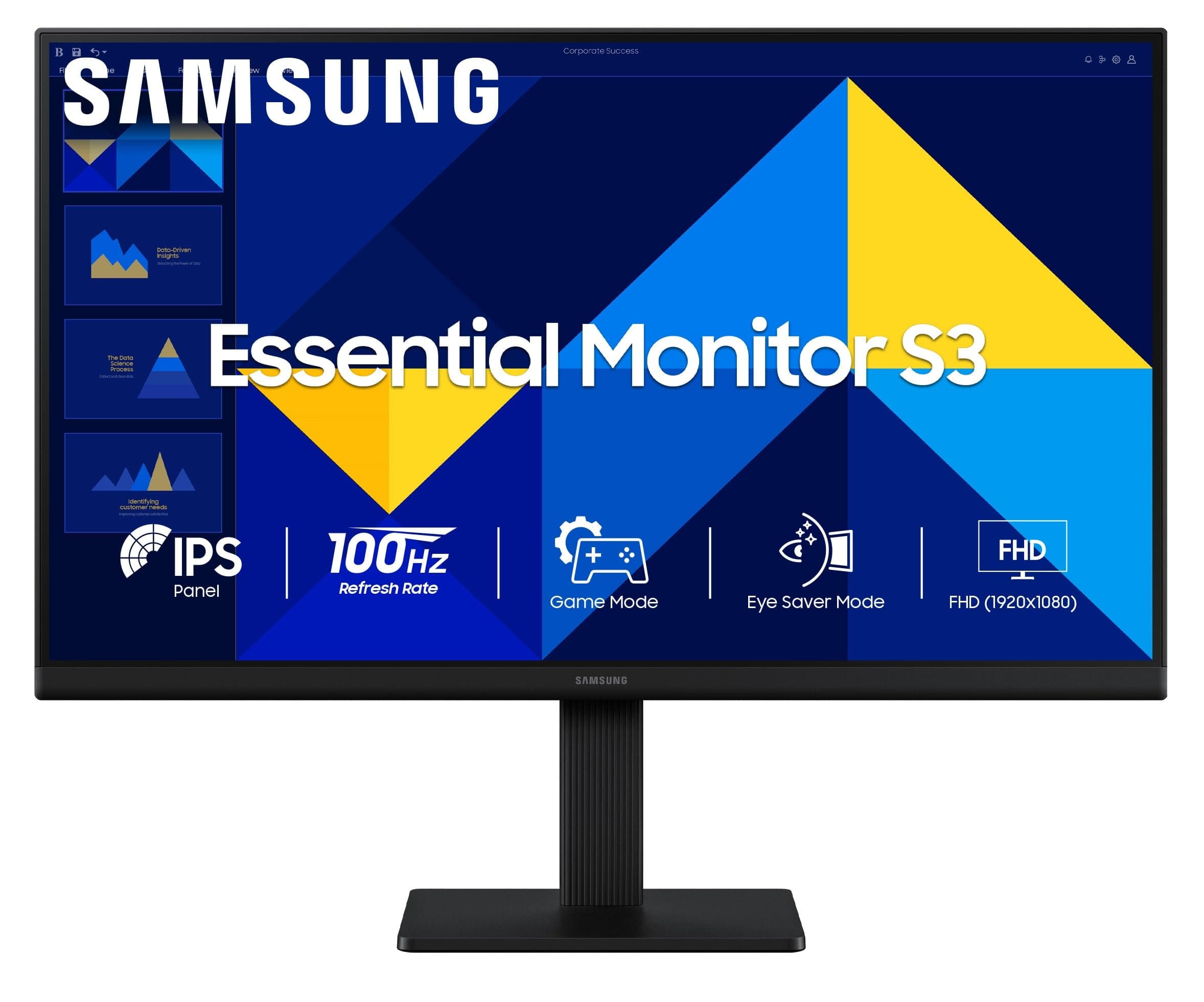 Samsung 27" (68.6 cm) S3 Flat Monitor|Super Slim Borderless Design|IPS Panel|FHD 1920 x 1080|100 Hz|5 ms|Ports-HDMI,VGA|Game Mode|Eye Saver Mode|Wall Mountable|LS27D300GAWXXL|Black