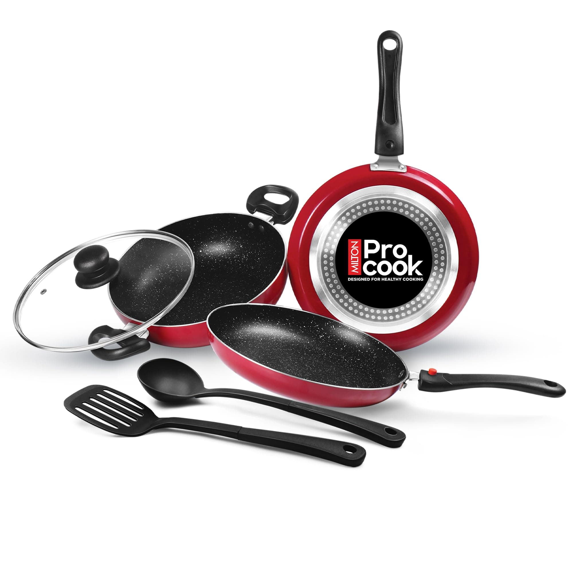 Milton Pro Cook Induction Cookware & Gas Stove Friendly Kitchen Jewel Set | 5 Pc Non-Stick Cookware Set | Kadhai with Lid, Fry Pan, Tawa, Laddle & Spatula | Durable 5-Layer Non Stick Coating | Maroon Online at Low Prices in India