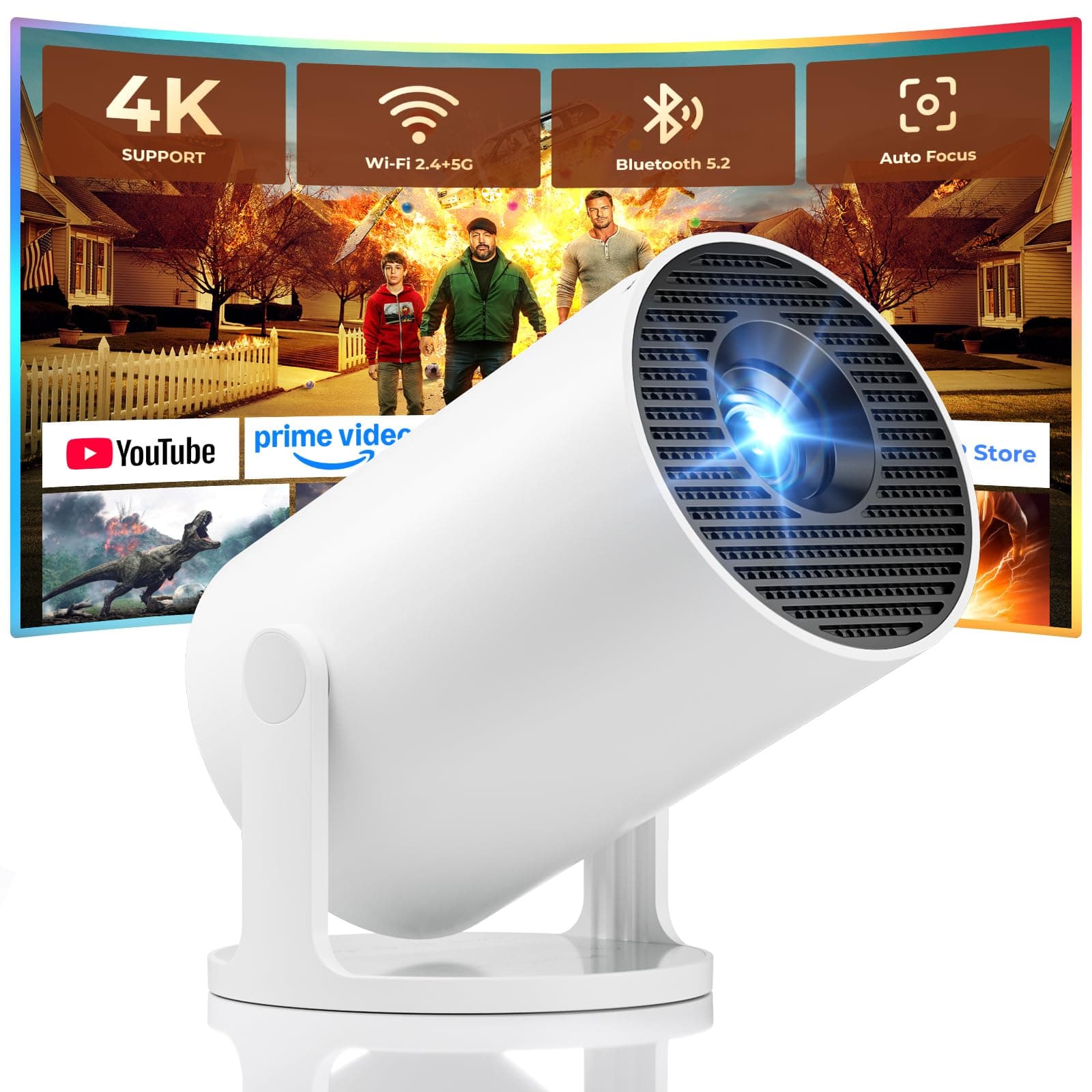 Mini Projector, Portable Projector with WiFi and Bluetooth, Built-in Apps, Supports 4K 1080P, 180° Rotation, Car Keystone, Movie Projector Compatible with HDMI/USB/TV Stick/Smartphone/Laptop