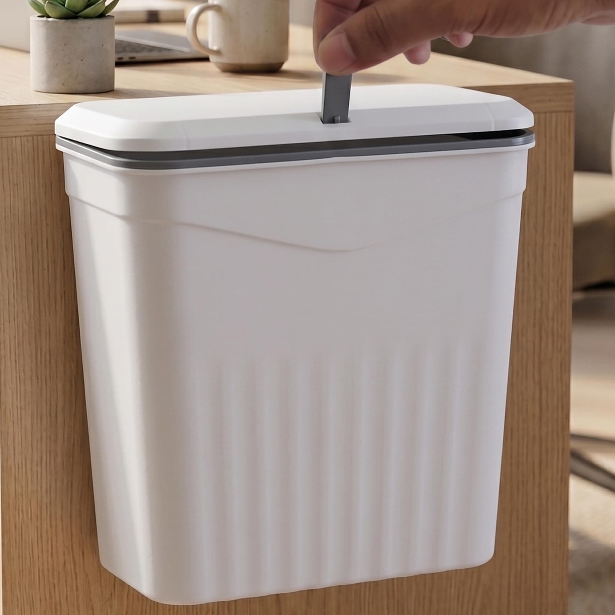 TEX-RO Hanging Dustbin for Kitchen with Lid, 9L Wall Mounted Dustbin for Home with 2-Way Lid Opening, No-Drill Cabinet Door Hanging Trash Can, Plastic Waste Bin for Bathroom Bedroom Office (White)