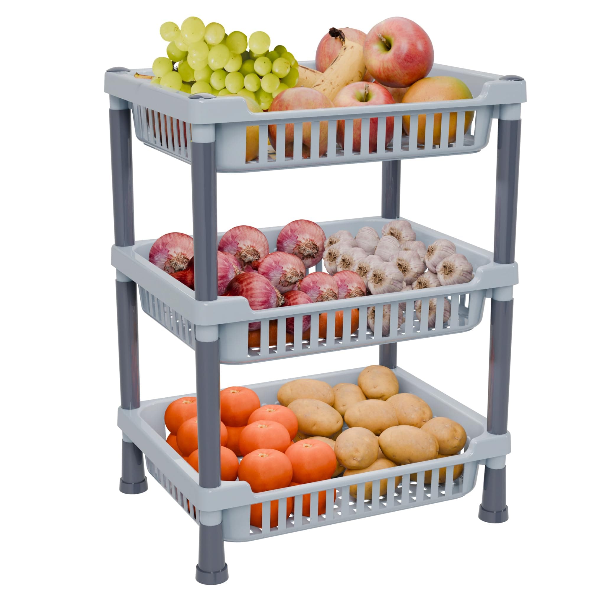 TEX-RO 3-Layer Kitchen Rack Stand | Multipurpose Rack for Storage | Vegetable Stand for Kitchen Storage Rack | Durable Kitchen Racks for Storage (Grey)