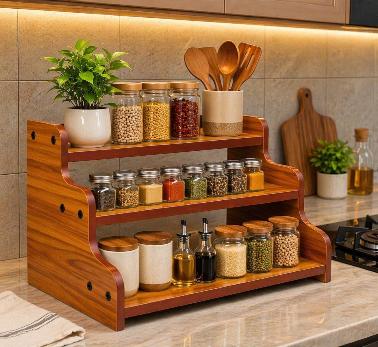 Craftland 3-Tier Spice Rack, Spice Storage Holder, Kitchen Pantry Cabinet Organizer Cupboard, Wood Step Shelf Countertop for Spice Bottles, Jars, Seasonings, Baking Supplies