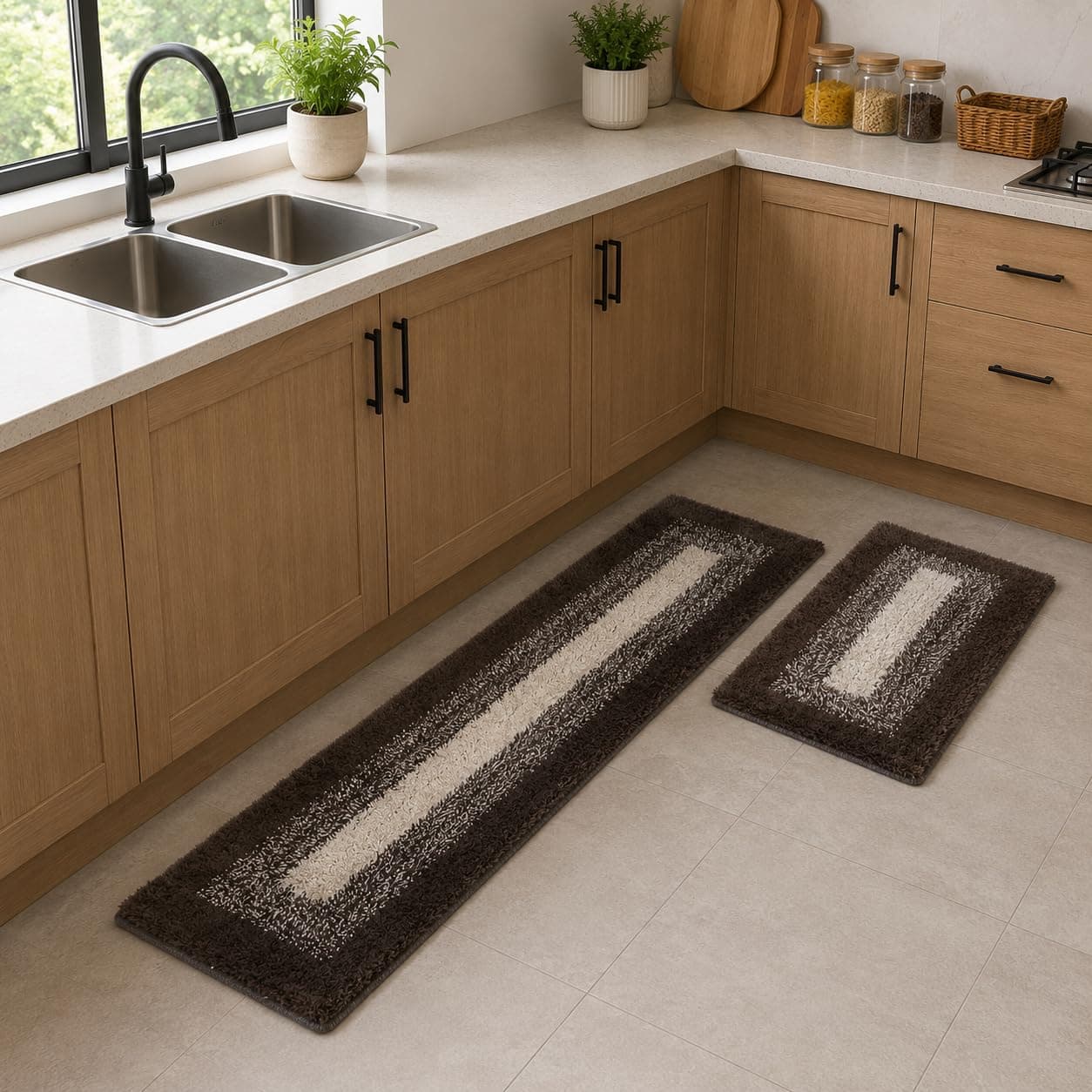 WARISI Kitchen Mat Runner 2 Piece Set | Anti Fatigue Mat for Floor | Washable Kitchen Rug Runner Cotton Tufted Kitchen Floor Mat| Size: Runner 120x40, Mat 40x60 cm (Brown Harmony Runner Set)