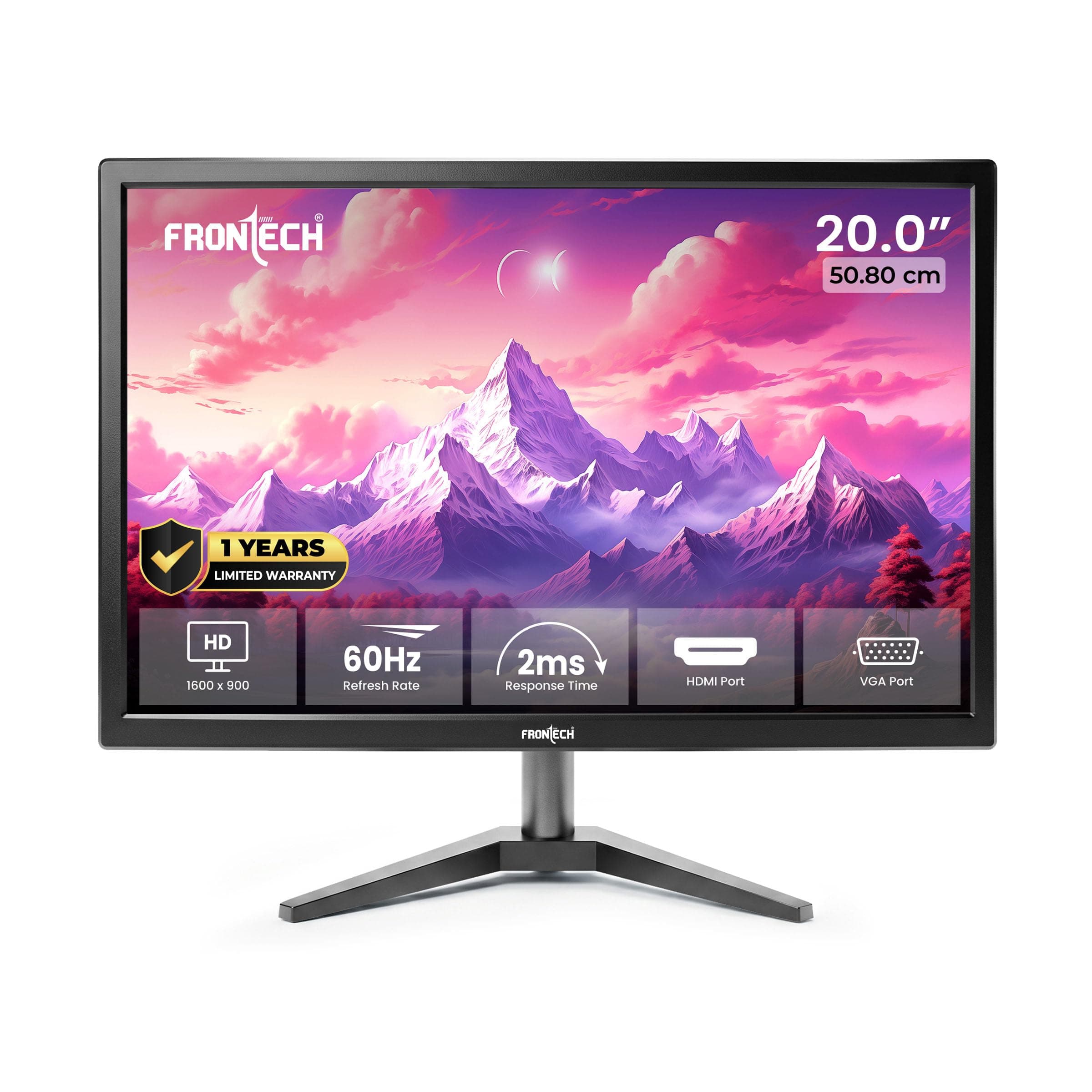 FRONTECH 20 Inch (50.8 cm), LED, HD 1600 x 900, 60Hz, Black, 16.7M Colors, Wall Mountable, Slim & Stylish Design, HDMI, VGA, Built-in Power Supply Monitor (MON-0054)
