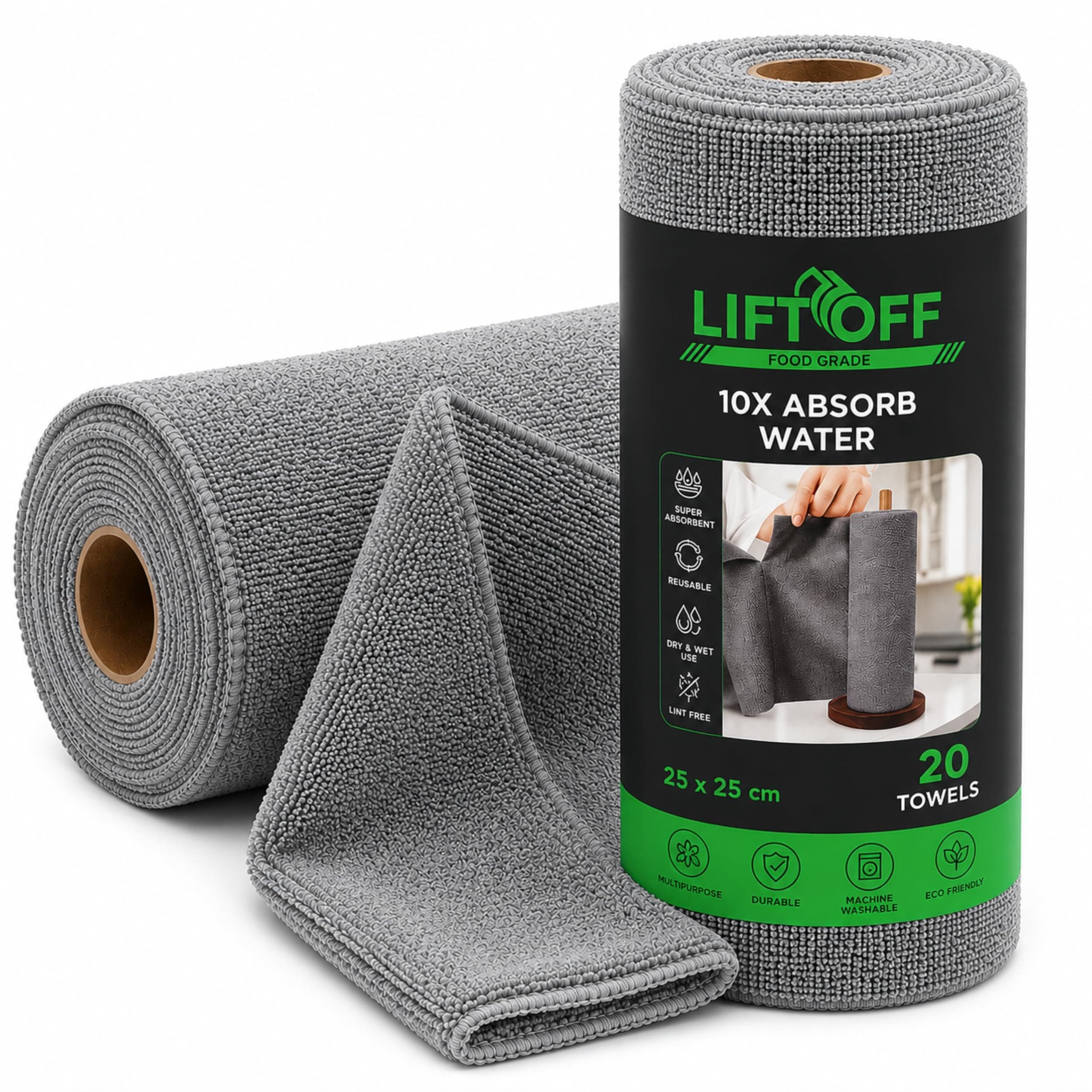 LIFTOFF Microfiber Cleaning Cloth Roll 20 Sheets,4000 Times Washable Kitchen Cleaning Towels Highly Absorbent Quick Dry & Lint-Free Cloth Roll |Tearable Multipurpose Wipes for Kitchen, Car,Glass Use